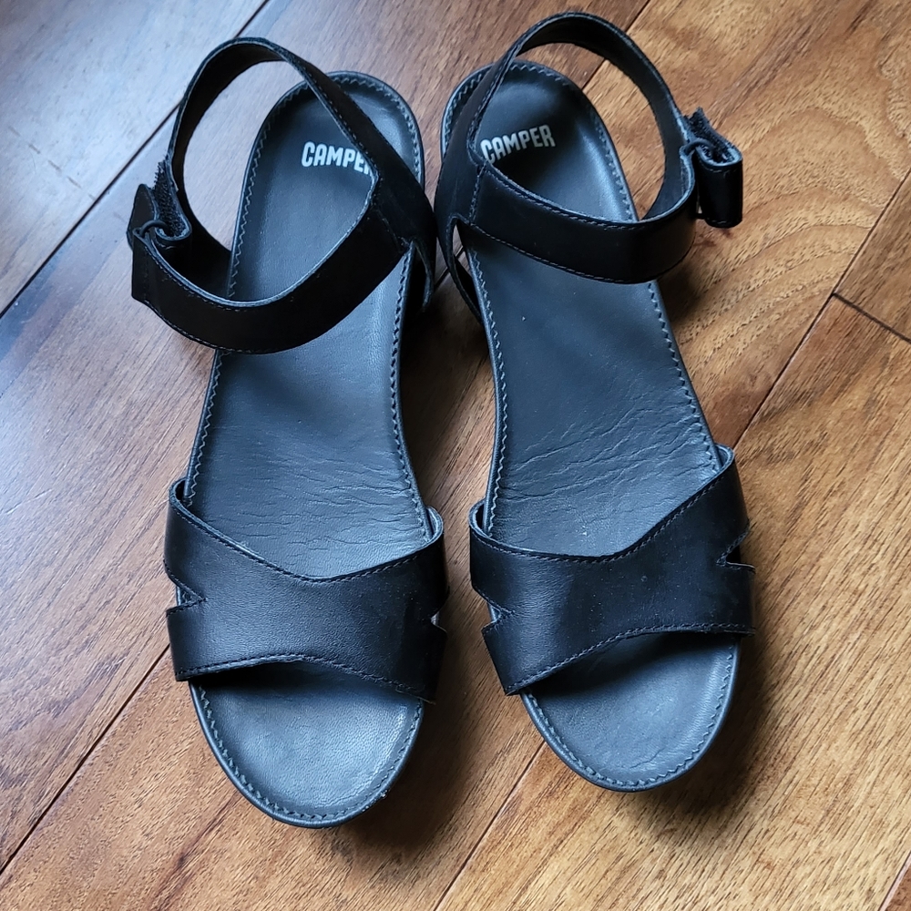 Camper Black Leather Ankle-Strap Sandals